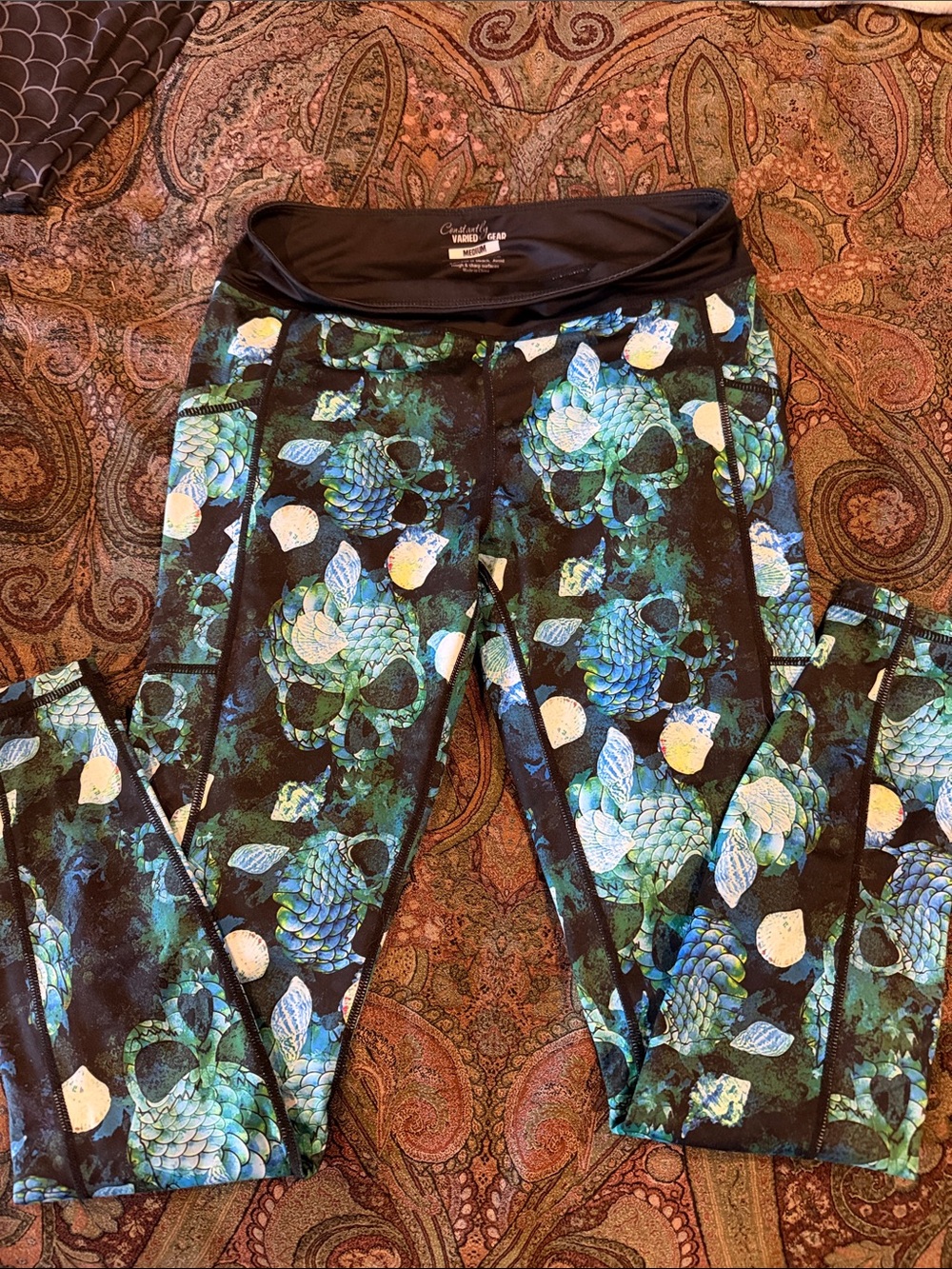 Constantly Varied Gear Black Leggings with Teal & White Floral Skull Print